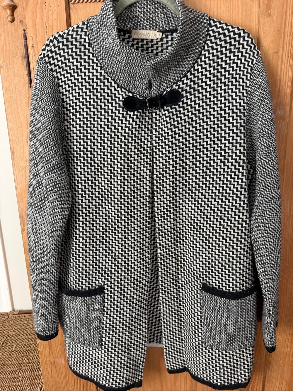 Black & White Textured Knit Cardigan with Velvet Toggle Closure